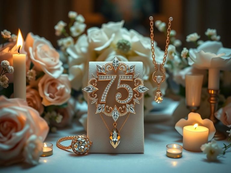 "Elegant display of diamond and gold jewelry, featuring a stunning 75th anniversary design, surrounded by delicate floral arrangements and soft candlelight ambiance, with a hint of celestial inspiration.