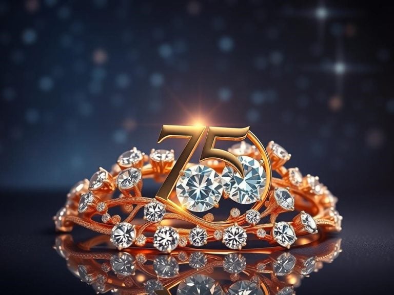 "An elegant arrangement of diamonds and gold intertwined, symbolizing timeless love and legacy, surrounded by soft, romantic lighting; a subtle backdrop of starry night sky representing the International Star Registry, with delicate reflections and sparkling highlights to evoke a sense of celebration for a 75th wedding anniversary."