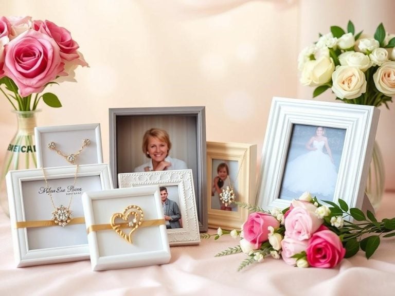 "An elegant display of DIY anniversary gifts, featuring handcrafted diamond and gold jewelry, personalized photo frames, and beautifully arranged flower bouquets, set against a soft, romantic backdrop.