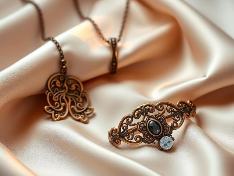 "Elegant bronze jewelry designed for an 8th wedding anniversary gift, featuring intricate patterns and timeless beauty, showcasing a necklace and bracelet elegantly displayed on soft silk fabric, gentle lighting highlighting the warm tones of bronze, with subtle reflections to enhance the luxurious feel.'"