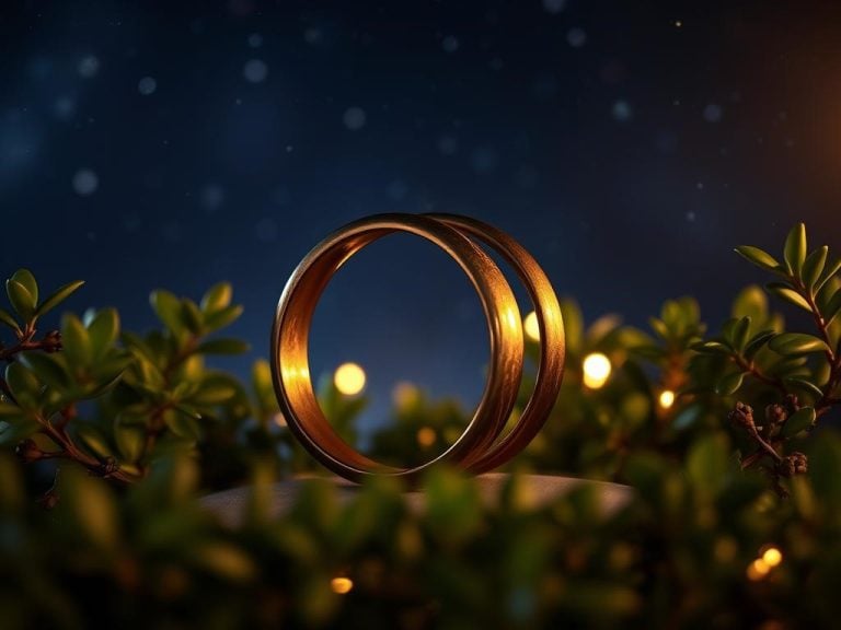 A romantic setting featuring two intertwined bronze rings symbolizing unity and strength, surrounded by lush greenery and twinkling stars in a night sky, with a hint of soft golden light casting a warm glow, evoking timeless beauty and a celebration of love".