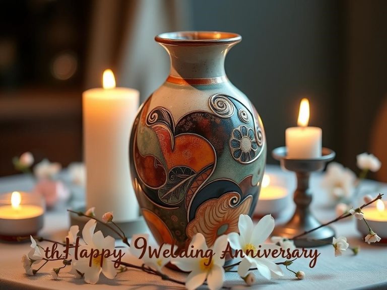 "An elegant pottery vase intricately designed, showcasing earthy tones and textures, surrounded by soft candlelight and delicate flowers, symbolizing love and celebration for a 9th wedding anniversary."