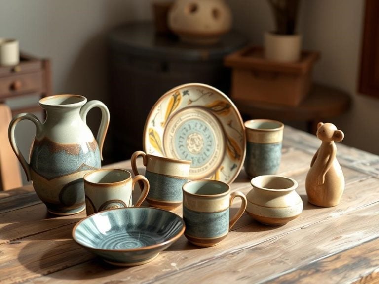 "An elegant display of handcrafted pottery pieces for a 9th wedding anniversary gift, featuring a decorative vase, a set of unique mugs, a colorful ceramic plate, and a small sculpture, all arranged beautifully on a rustic wooden table; soft natural lighting enhancing the textures and colors of the pottery.