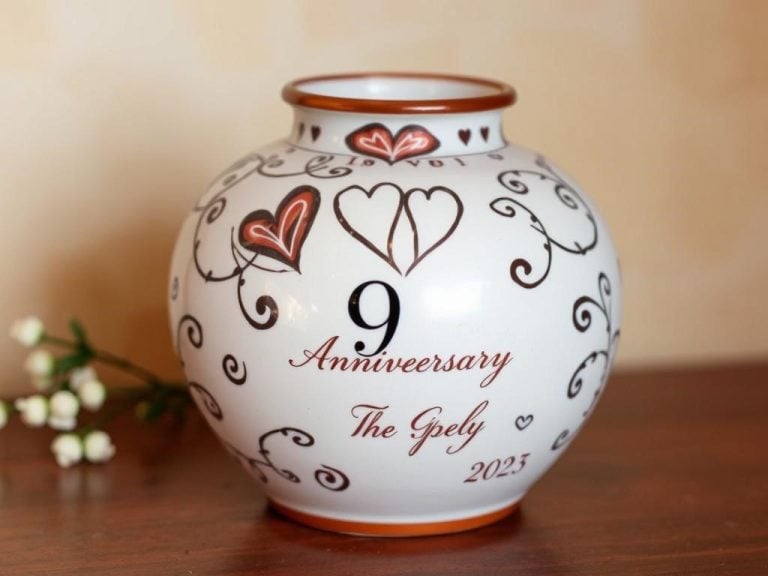 A beautifully crafted pottery piece adorned with intricate, hand-painted designs symbolizing love and unity, incorporating elements like hearts and entwined vines, set against a soft, warm backdrop. The pottery features elegant personalization details, such as initials and a meaningful date, all reflecting the essence of a 9th wedding anniversary. creating a harmonious blend of two art forms celebrating love and commitment.