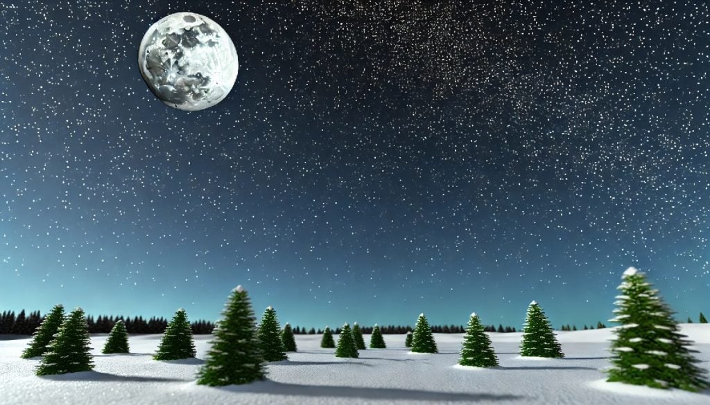 Looking as pretty as a Christmas Card, a full moon illuminates the Earth. On the ground below there are snow covered pine trees