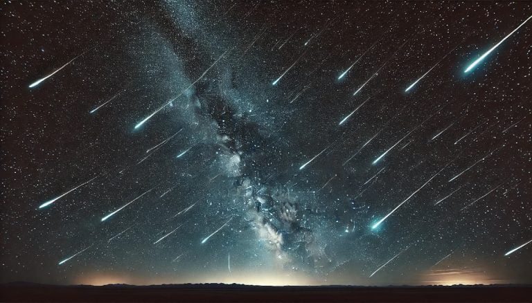 Bright meteors rain down over the Earth. There is light on the horizon and the Milky Way rises in the center of the image