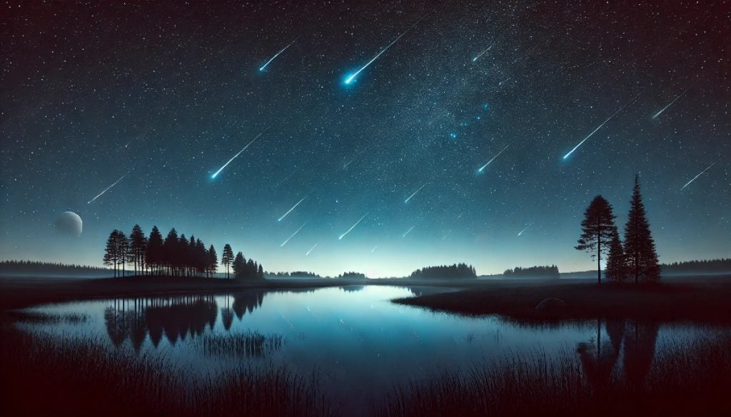 Meteors rain down over a peaceful lake. The calm water reflects the light of the sky overhead and the horizon behind it.