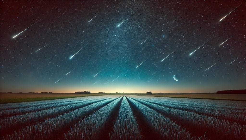 the Orionid Meteor shower shows numerous falling stars over a farm field.