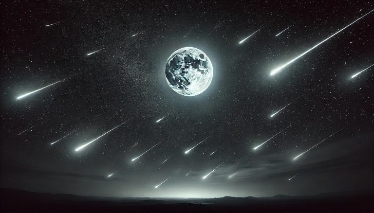 A full moon in a dark sky. Meteors are raining all around it.