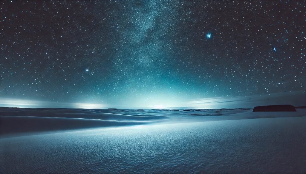 starry blue night sky over a snowy field. The snow is reflecting the ling from the stars and the horizon