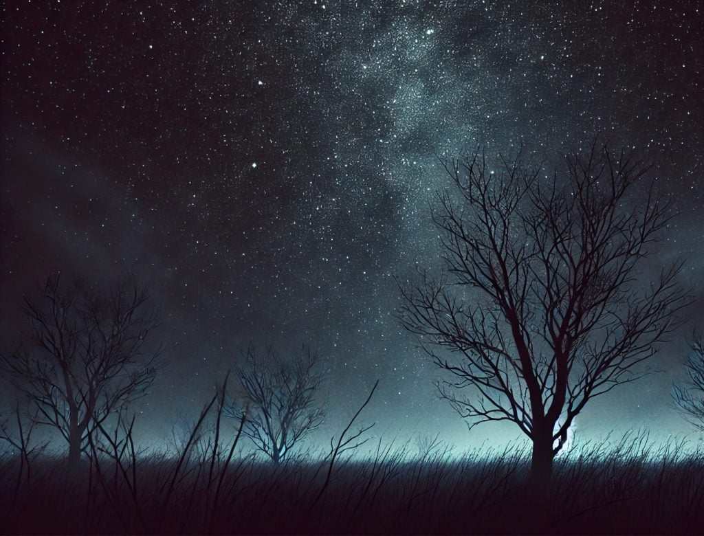 A starry moonless sky. In the foreground are leafless trees and the mood is spooky for Halloween