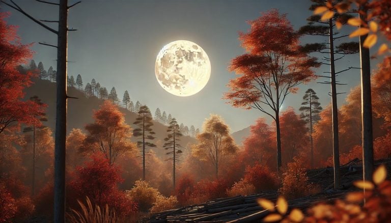 the bright full super moon shines above a colorful patch of fall trees