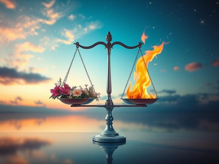 A harmonious scene depicting the balance between Libra and Aries, featuring a serene balance scale adorned with flowers and stars for Libra, contrasted with dynamic flames and bold colors representing Aries. The background showcases a peaceful sky transitioning from day to night, symbolizing the blend of calm and passion, with ethereal light illuminating the scale and fire, creating an enchanting atmosphere.