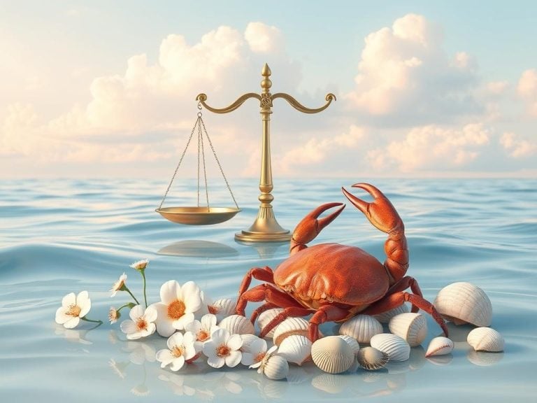 A serene scene depicting the zodiac symbols of Libra and Cancer intertwined in a harmonious landscape, showcasing a balance of gentle waves and soft clouds. Libra represented by elegant scales resting on a tranquil water surface, surrounded by blooming flowers, while Cancer is symbolized by a protective crab nestled among delicate seashells. The color palette features soft pastels with calming blues and gentle pinks, evoking a sense of emotional depth and diplomatic tranquility.