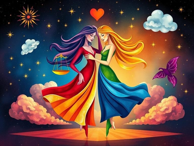 A harmonious scene depicting two abstract figures representing Libra and Gemini, intertwined in a dance of vibrant colors. The Libra figure, symbolized by scales, radiates balance and elegance, while the Gemini figure, represented by dual faces, exudes playful energy and curiosity. The background features celestial elements like stars and clouds that signify communication and understanding, creating an atmosphere of connection and love.