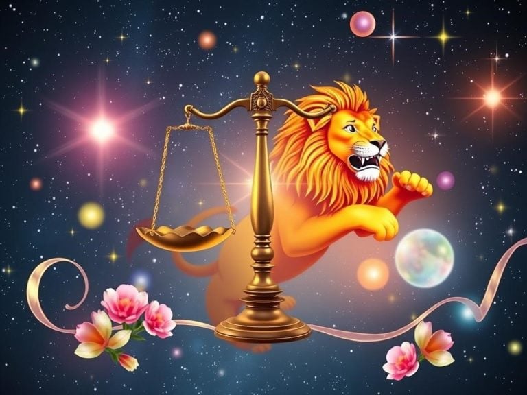 A celestial scene depicting the harmonious union of Libra and Leo, featuring a graceful Libra scale balanced against a vibrant, roaring lion. The backdrop is a starry night sky with twinkling stars, symbolizing romance and compatibility. Surround the figures with ethereal elements like flowing ribbons of light and soft, colorful orbs that represent joy and confidence. Incorporate elements of nature, such as blooming flowers for Libra's grace and warm sunrays for Leo's vitality, blending them seamlessly to convey a sense of balance and energetic harmony.