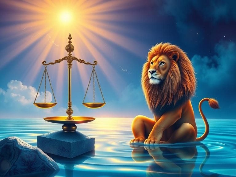 A serene scene depicting a Libra and Leo in a harmonious environment, symbolized by elegant scales and a regal lion, surrounded by vibrant colors reflecting balance and confidence. The Libra element is represented with soft, flowing lines and tranquil blues, while the Leo aspect features bold, fiery tones and dynamic shapes. Gentle wisps of air and glowing sun rays intertwine, illustrating their unique communication styles blending together in unity.