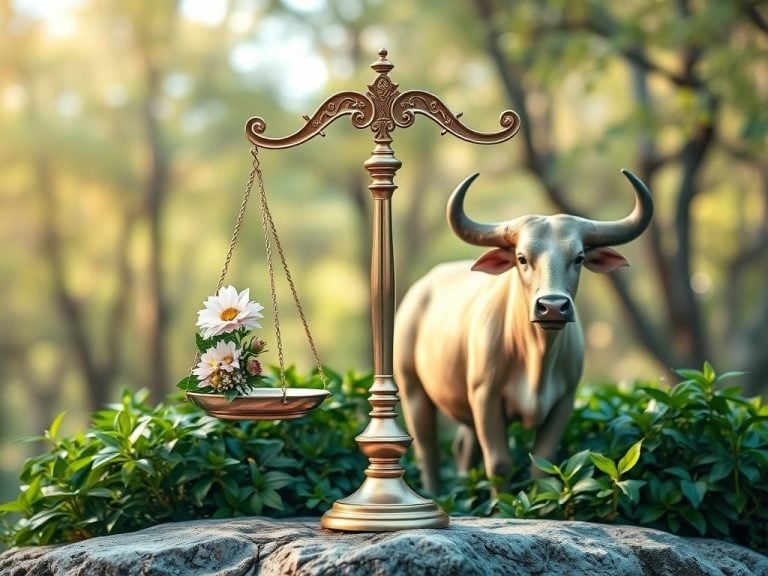 A serene balance of nature, featuring a graceful Libra scale adorned with elegant flowers and a sturdy Taurus bull surrounded by lush greenery, symbolizing harmony and stability. Soft pastel colors blend in the background, evoking a calm and charming atmosphere, with gentle light filtering through the trees, highlighting the union of earthiness and grace.