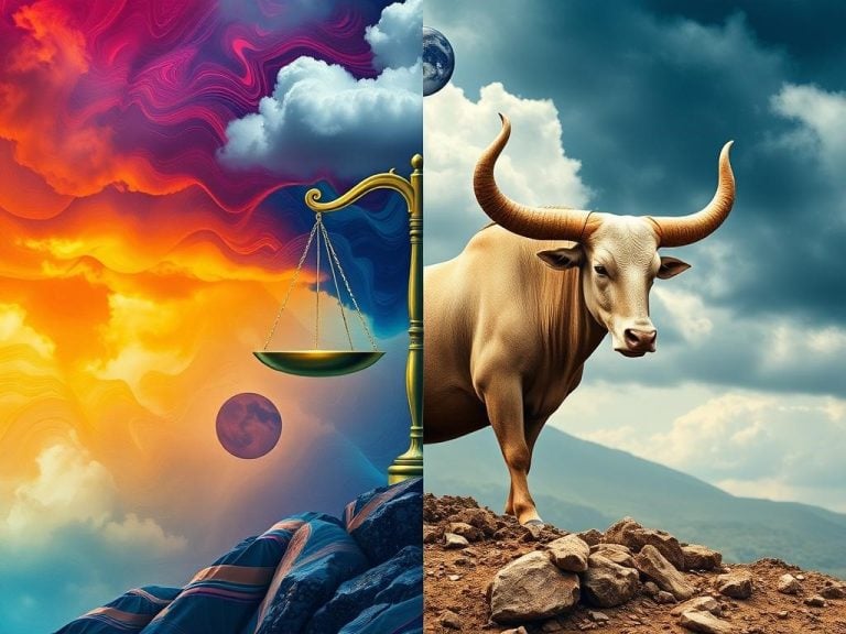 A split scene depicting a Libra and Taurus symbol, where one side is filled with vibrant, flowing colors representing Libra’s charm and sociability, while the other side features earthy, grounded tones symbolizing Taurus's stability; include abstract representations of tension like stormy clouds above Libra and rocky terrain beneath Taurus, illustrating the challenges they face in harmonizing their differences.