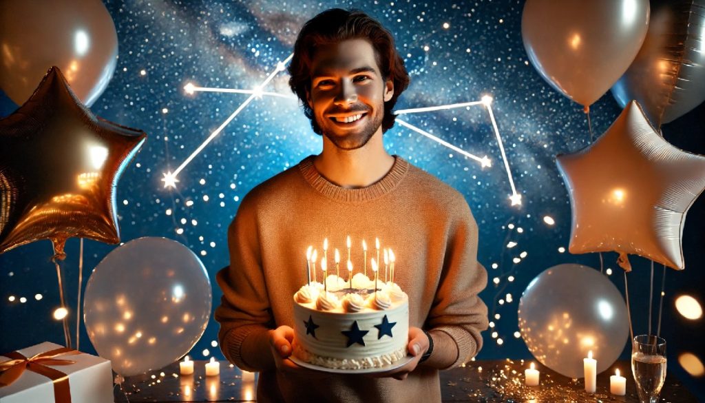 To celebrate a Scorpio birhtday, a man holds a star themed birthday cake at a star themed party