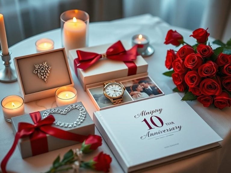 A beautifully arranged table setting featuring elegant gifts for a 10-year anniversary celebration, including a sparkling diamond necklace, a vintage watch, a personalized photo album with heartfelt memories, and a bouquet of ten red roses, all surrounded by soft candlelight and a romantic atmosphere.