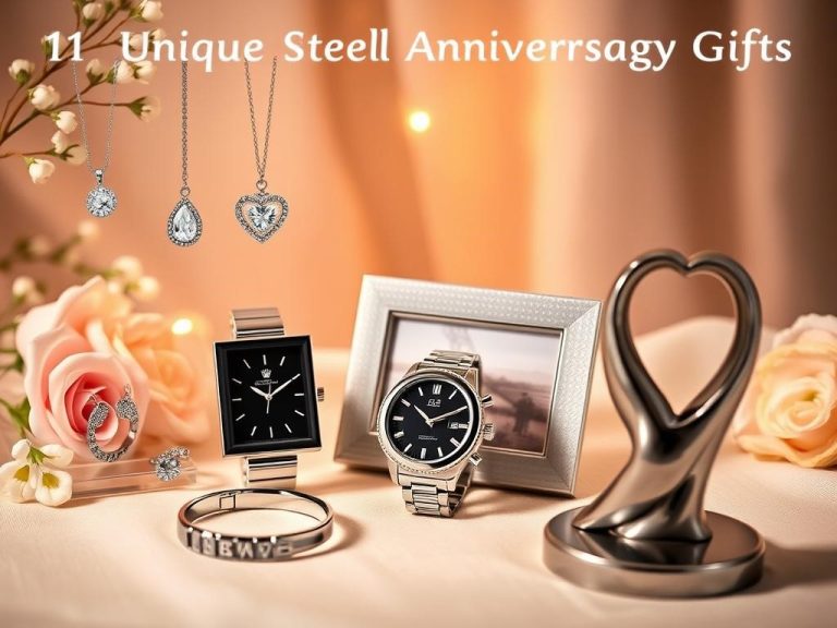 A beautifully arranged display of 11 unique steel-themed anniversary gifts, showcasing elegant steel jewelry, a modern steel photo frame, a sleek steel watch, and a romantic steel sculpture. The scene is set against a soft, warm background with hints of celebration, featuring delicate floral accents and soft lighting to create an intimate atmosphere.