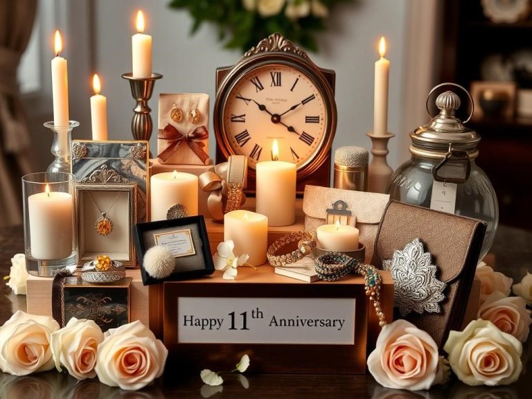 A beautifully arranged display of traditional and modern gifts symbolizing an 11th anniversary, featuring yellow diamonds, stylish jewelry, a vintage clock, and elegant home decor items, surrounded by soft candlelight and delicate roses, creating a warm and romantic atmosphere.