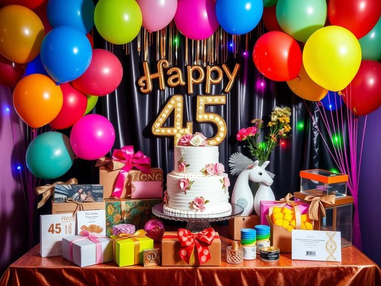 A colorful celebration scene featuring a stylish 45th birthday party setup, with elegant decorations, a beautifully designed cake, a variety of thoughtful gifts such as personalized items, luxury accessories, and unique experiences like travel or adventure vouchers, surrounded by vibrant balloons and festive lighting, capturing the joy and significance of turning 45.