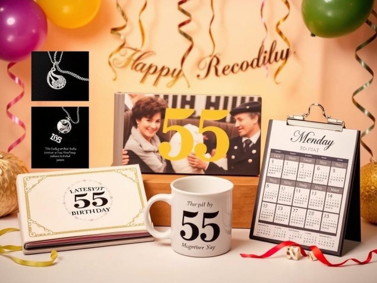 A beautifully arranged display of personalized gifts for a 55th birthday celebration, featuring custom engraved jewelry, a photo album filled with cherished memories, a handcrafted mug with a unique design, and a personalized calendar showcasing special dates, all set against a soft, warm background of festive decorations like balloons and streamers.