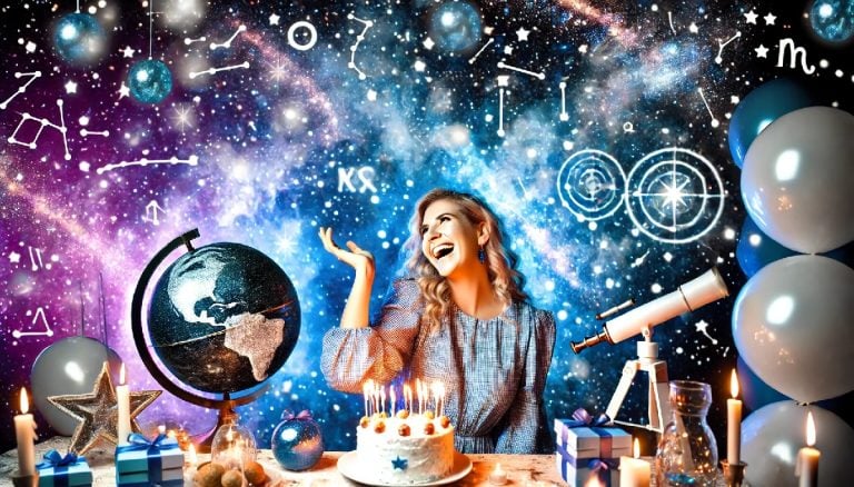 A woman celebrates her birthday with a star themed cake. In the rooom with her is a telescope, globe and celestial wallpaper behind her