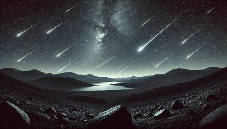 Numerous fireballs from the Draconid Meteor shower rain over a hilly area. There are large rocks and a stream reflecting the sky. The sky is blue-black and feeling is cold and quiet.