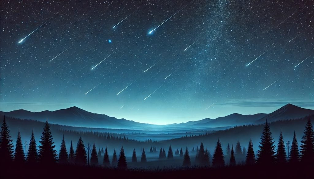 A shower of meteors rains down over a dark winter sky.