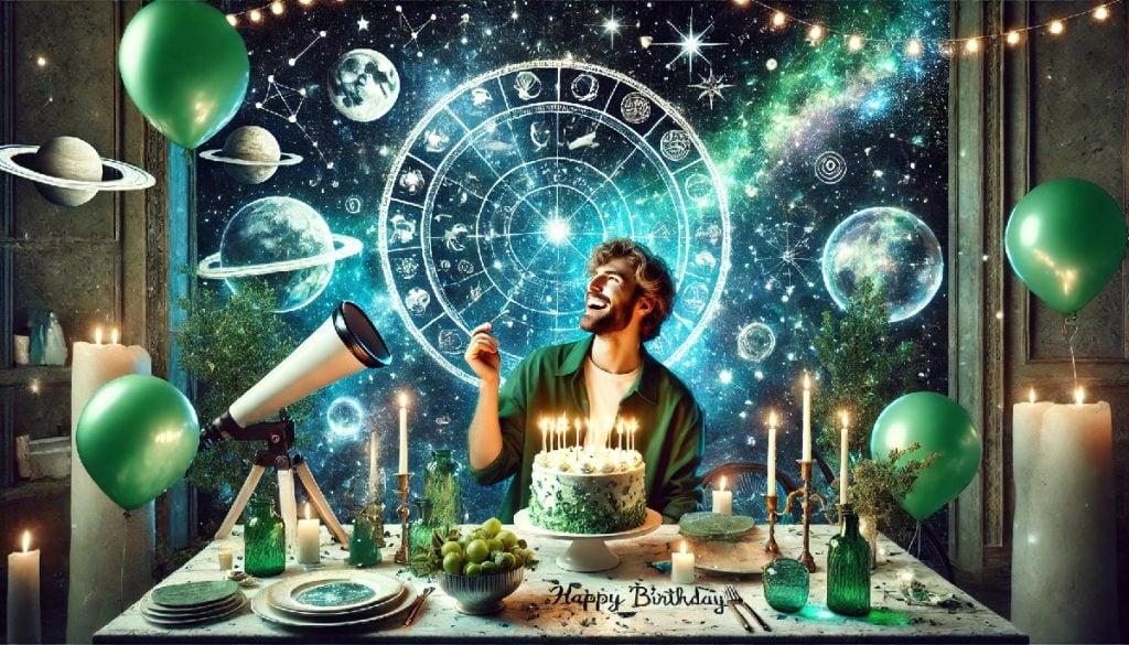 A Happy man is celebrating his birthday. he is surrounded by a starry background, candles, and a birthday cake