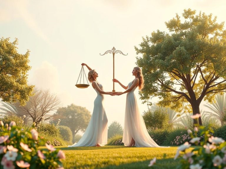 A harmonious scene depicting two graceful Libra figures in a celestial garden, surrounded by floating scales symbolizing balance, lush greenery, and blooming flowers. The sky is a soft pastel gradient, evoking tranquility, while soft light filters through the trees, highlighting the charming interaction between the two figures. Their expressions radiate joy and connection, embodying elegance and harmony.