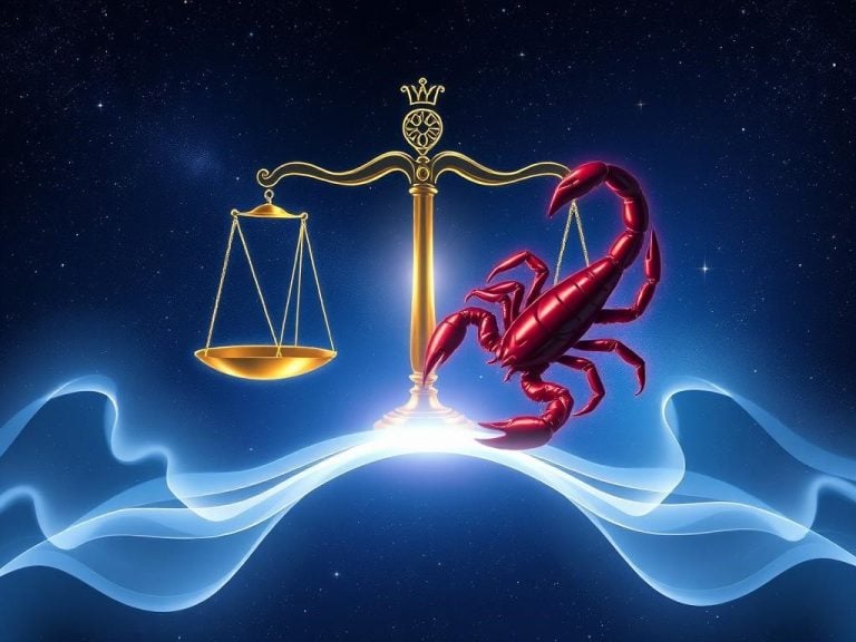 A harmonious scene depicting a Libra and Scorpio symbol, elegantly intertwined, surrounded by a celestial backdrop of stars and constellations. The Libra symbol should be represented by balanced scales, gently illuminated, while the Scorpio symbol manifests as a mysterious scorpion, both embodying their unique traits. Soft, flowing colors of blue and deep red blend together, representing diplomacy and depth. Ethereal light forms a bridge between the two symbols, symbolizing their compatibility.