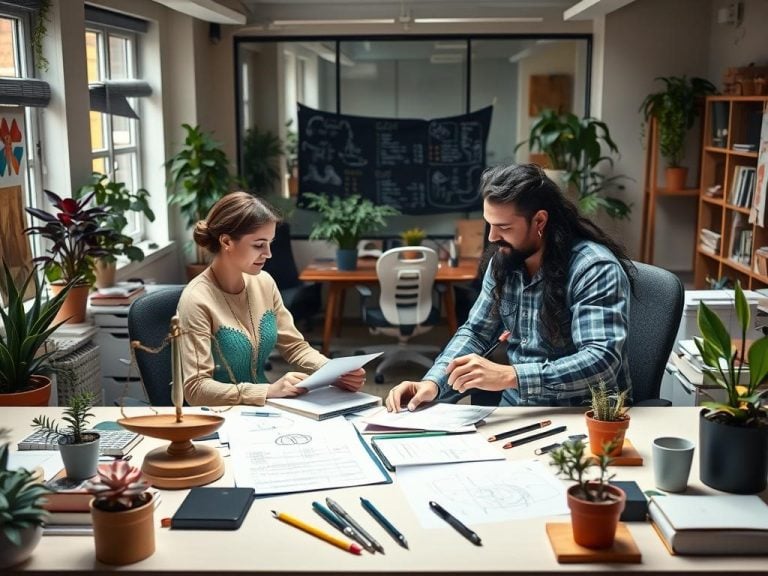 A harmonious office environment showcasing a Libra and Scorpio collaborating on a project, Libra depicting balance with elegant designs, airy spaces, and vibrant colors, while Scorpio brings intensity with deep shadows and rich tones, emphasizing teamwork through a shared workspace filled with creative tools, plants, and dynamic energy.