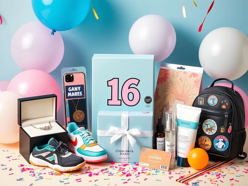 A beautifully arranged display of unique 16th birthday gifts, featuring an elegant jewelry box with a sparkling necklace, a trendy personalized phone case, colorful custom sneakers, a stylish backpack adorned with patches, an interactive gadget, luxe skincare products, and a vibrant gift card surrounded by festive balloons and confetti.