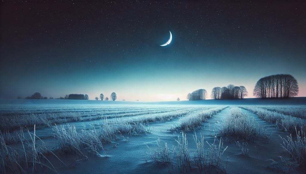 A sliver of moon over a snowy field. The coming spring lies below the snow symbolizes the upcoming changes for every zodiac sign beginning in March