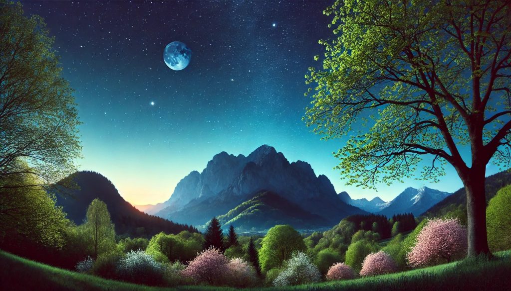 Illustration of a full moon rising over blooming spring trees and a mountain during the month of May