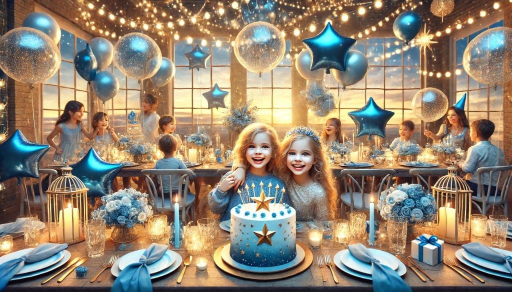 Twins happily celebrating a birthday together. This is a birthday cake, a party, and star shaped balloons.