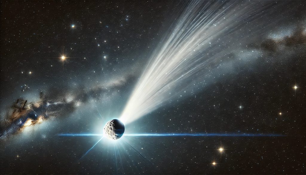 A large comet streaks through the sky followed by a bright tail. This is a representation of Halley's Comet and behind it are bright stars and the Milky Way