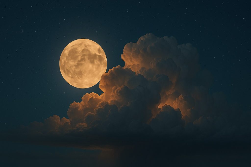 A beautiful full moon shines behind a thunder cloud in the night sky