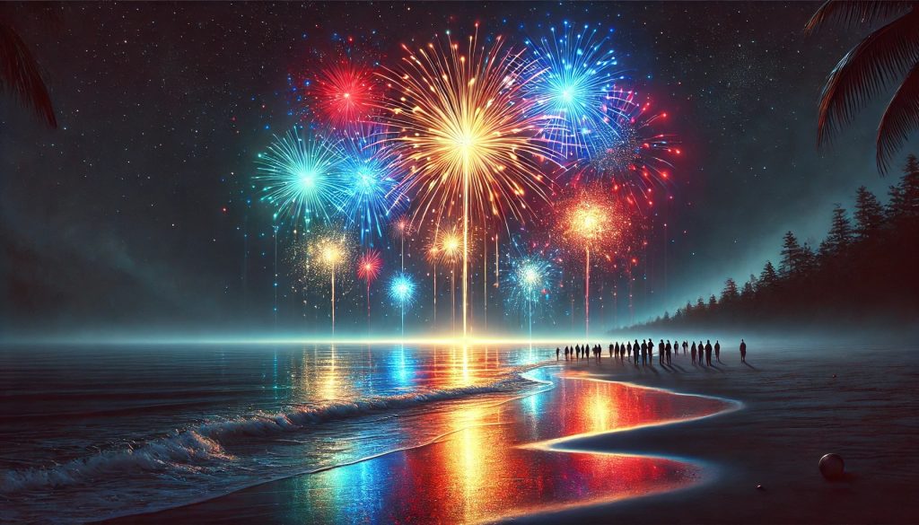 Image shows a calm body of water, In the distance there are multicolored fireworks and they are reflecting on the water's surface