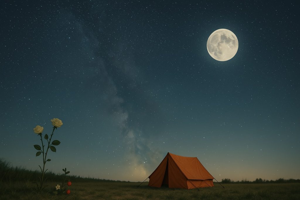 A summer scene showing a full moon and a tent. In the forground the is a rose and a strawberry plant representing the Full Rose Moon and the Full Strawberry Moon