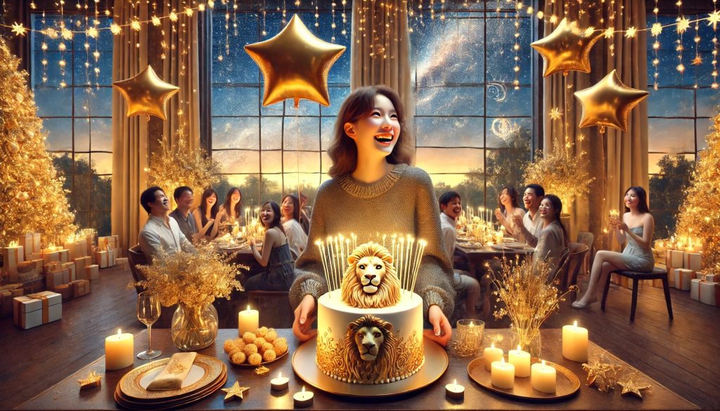 A happy woman celebrating her birthday. You can see that her zodiac sign is Leo because she has a lion decoration on her birthday cake. There are also friends and star shaped birthday balloons in the picture