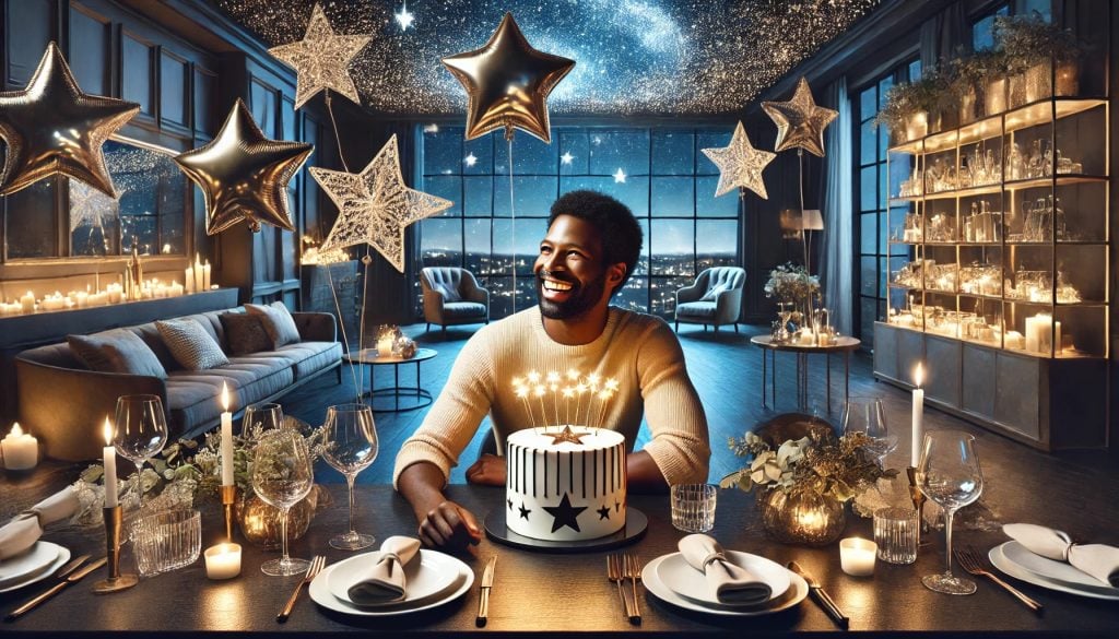 A man is smiling as he celebrates a birthday. He has a large birthday cake and the party has a star theme