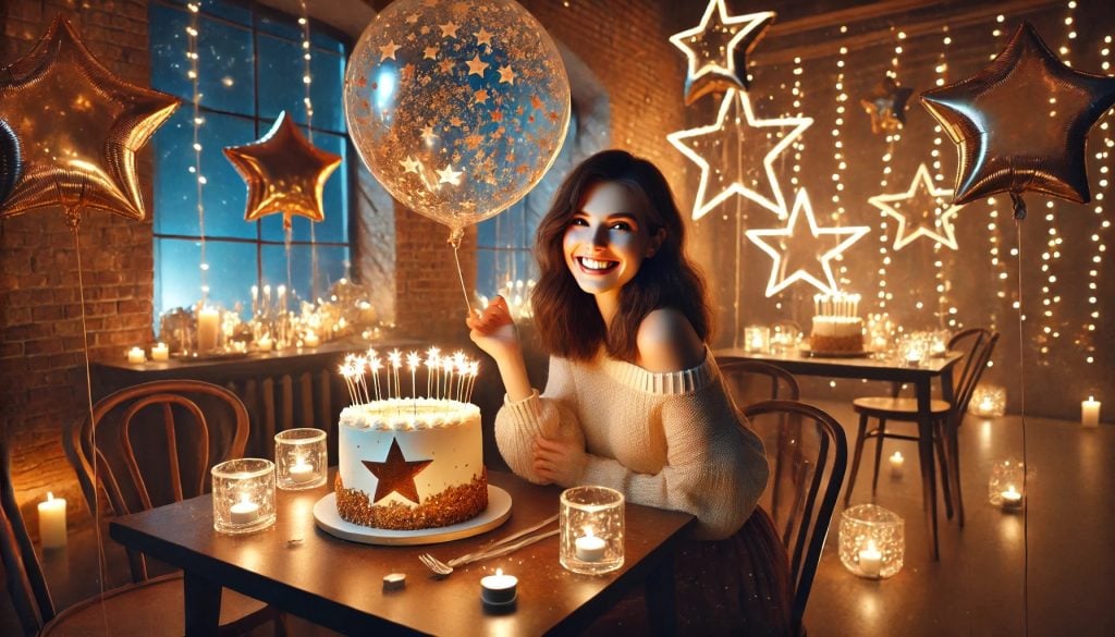 A beautiful woman celebrating her birthday. She has candles on her birthday cake.
