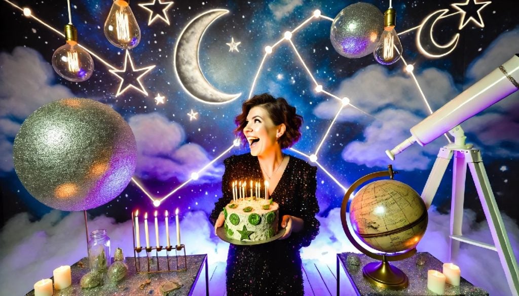 A woman with a birthday cake looks surprised and happy. She is holding a birthday cake with candles. The room is star themed and there is a globe