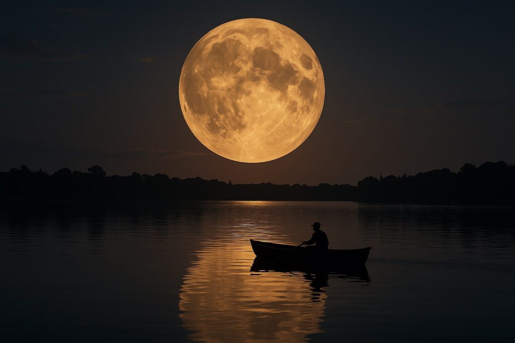 A beautiful August Full Moon, also called a sturgeon moon, rises over a calm lake. A small boat is in the foreground