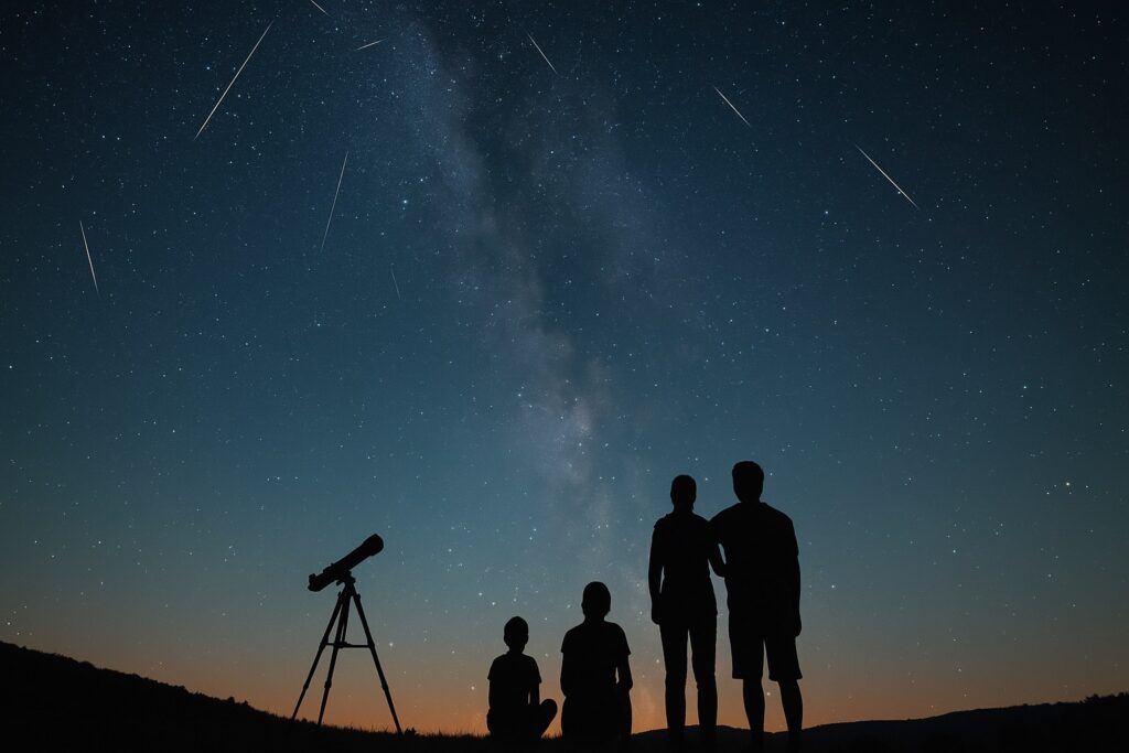 A family is standing below the Milky Way watching for the summer Perseid meteor shower